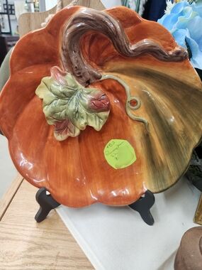 Hand-Painted Orange Ceramic Pumpkin Dish- Decorative Home Art